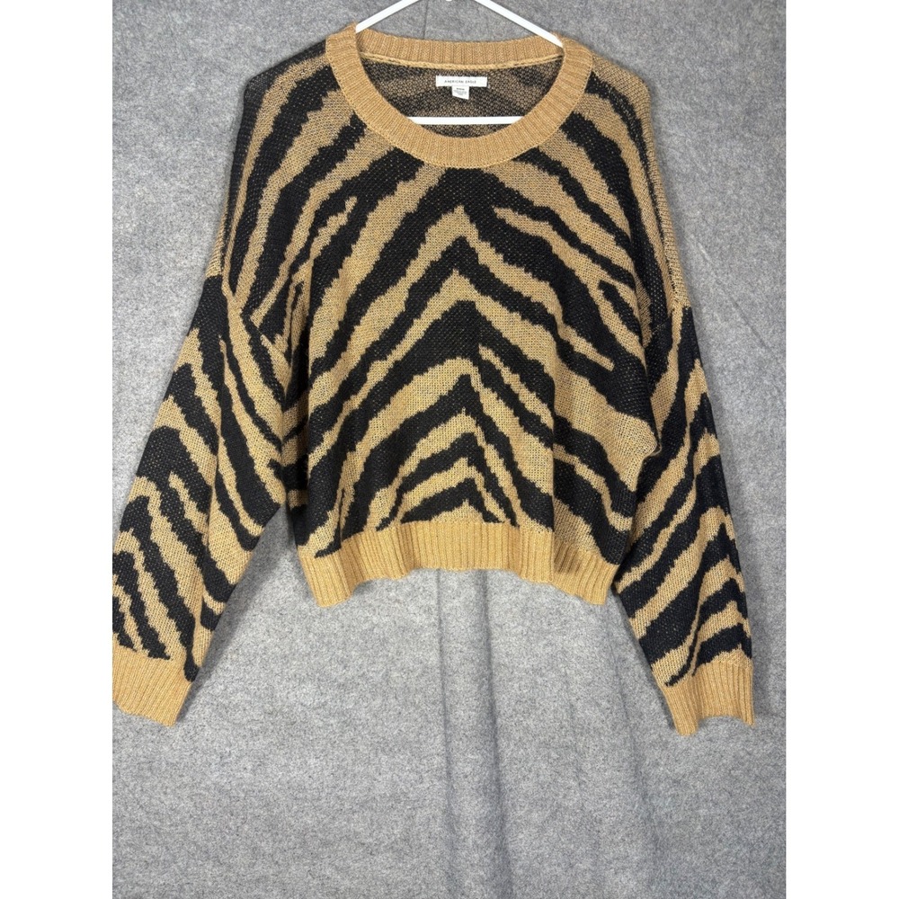 American Eagle Womens Zebra Print Cropped Sweater Tan Black Wool Blend Medium